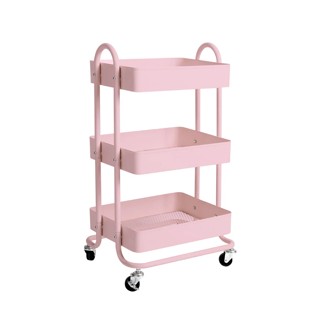 3 Tiers Kitchen Trolley Cart Steel Storage Rack Shelf Organiser Wheels Pink - Nurns