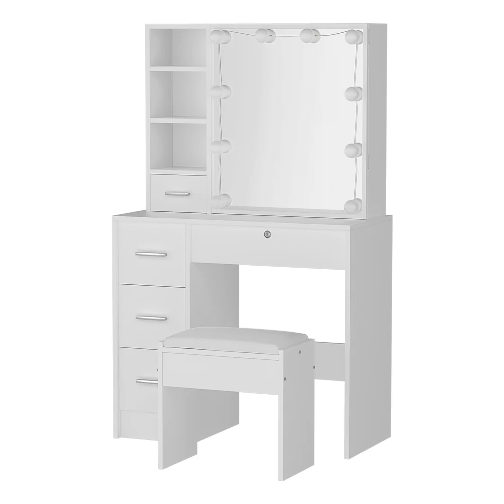 10 LED Bulbs Dressing Table Set Stool - White - Nurns
