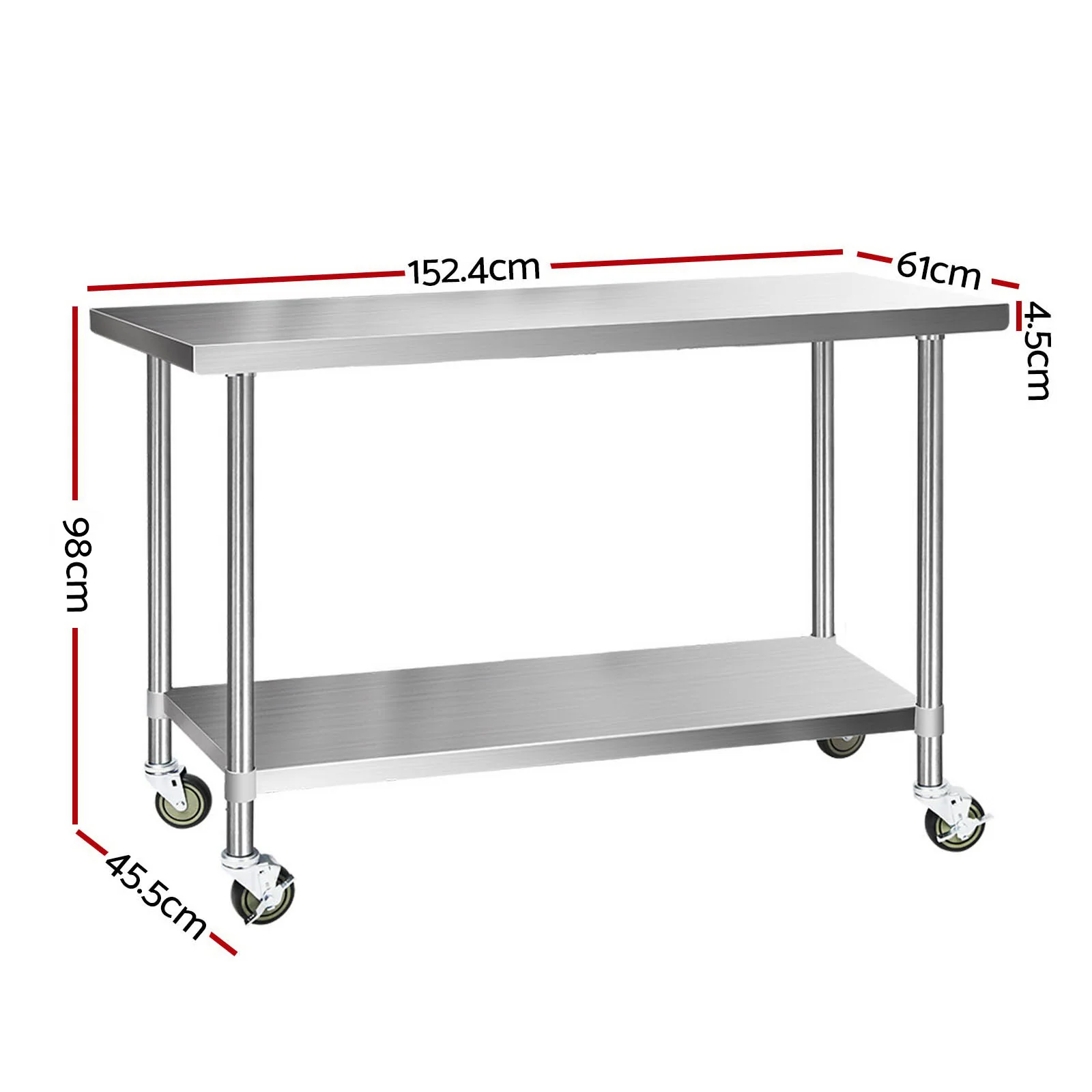 430 Stainless Steel Kitchen Benches Work Bench Food Prep Table with Wheels 1524Mmx610MM - Nurns
