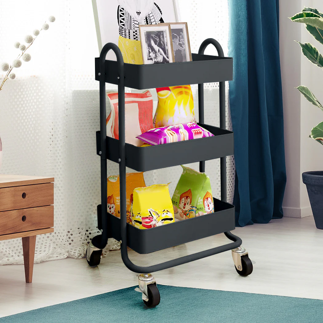 3 Tiers Kitchen Trolley Cart Steel Storage Rack Shelf Organiser Wheels Grey - Nurns