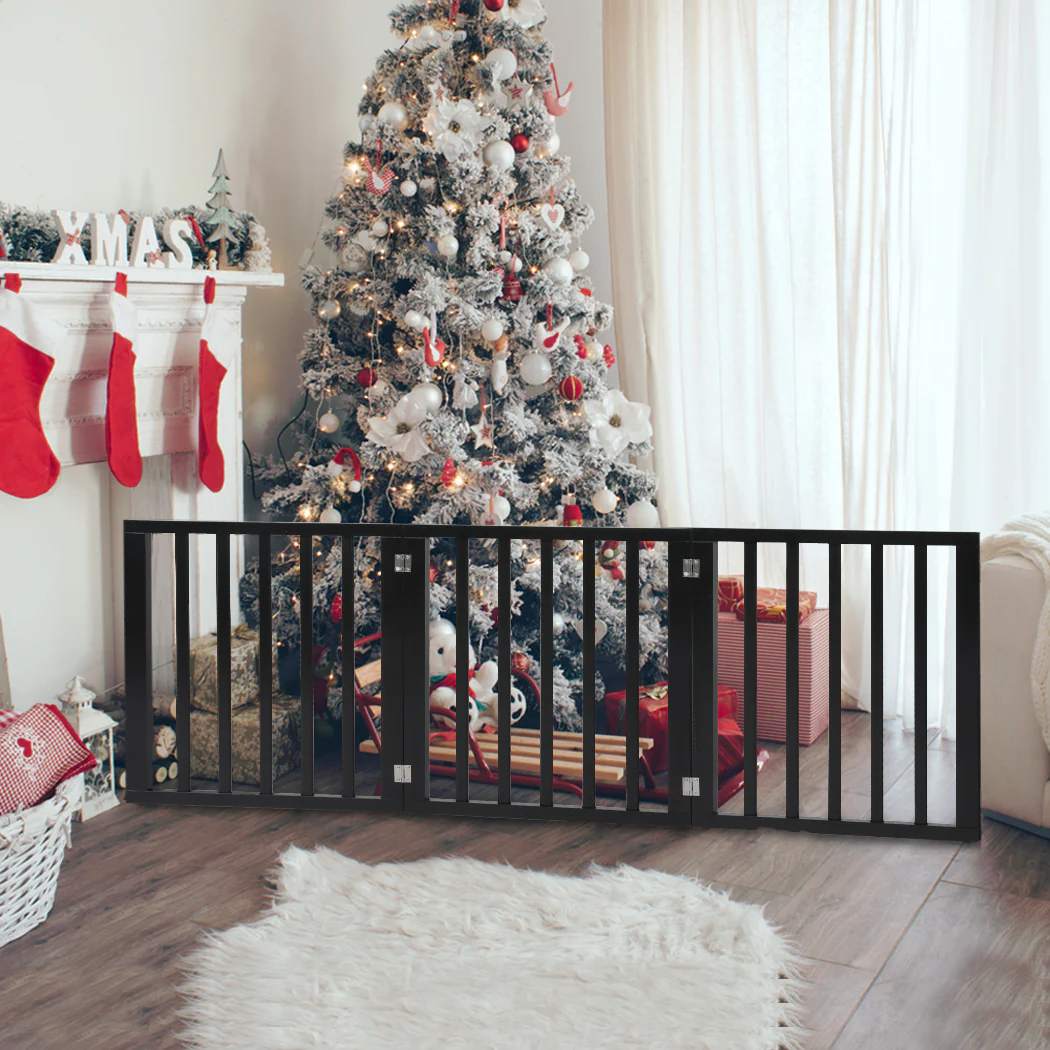 3 Panels Wooden Pet Gate Dog Fence Safety Stair Barrier Security Door Black - Nurns