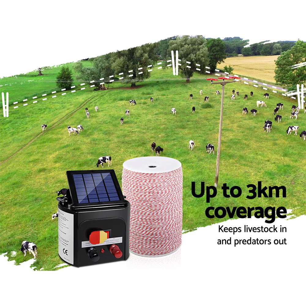 3km Solar Electric Fence Energiser Energizer 0.1J + 2000m Poly Fencing Wire Tape - Nurns