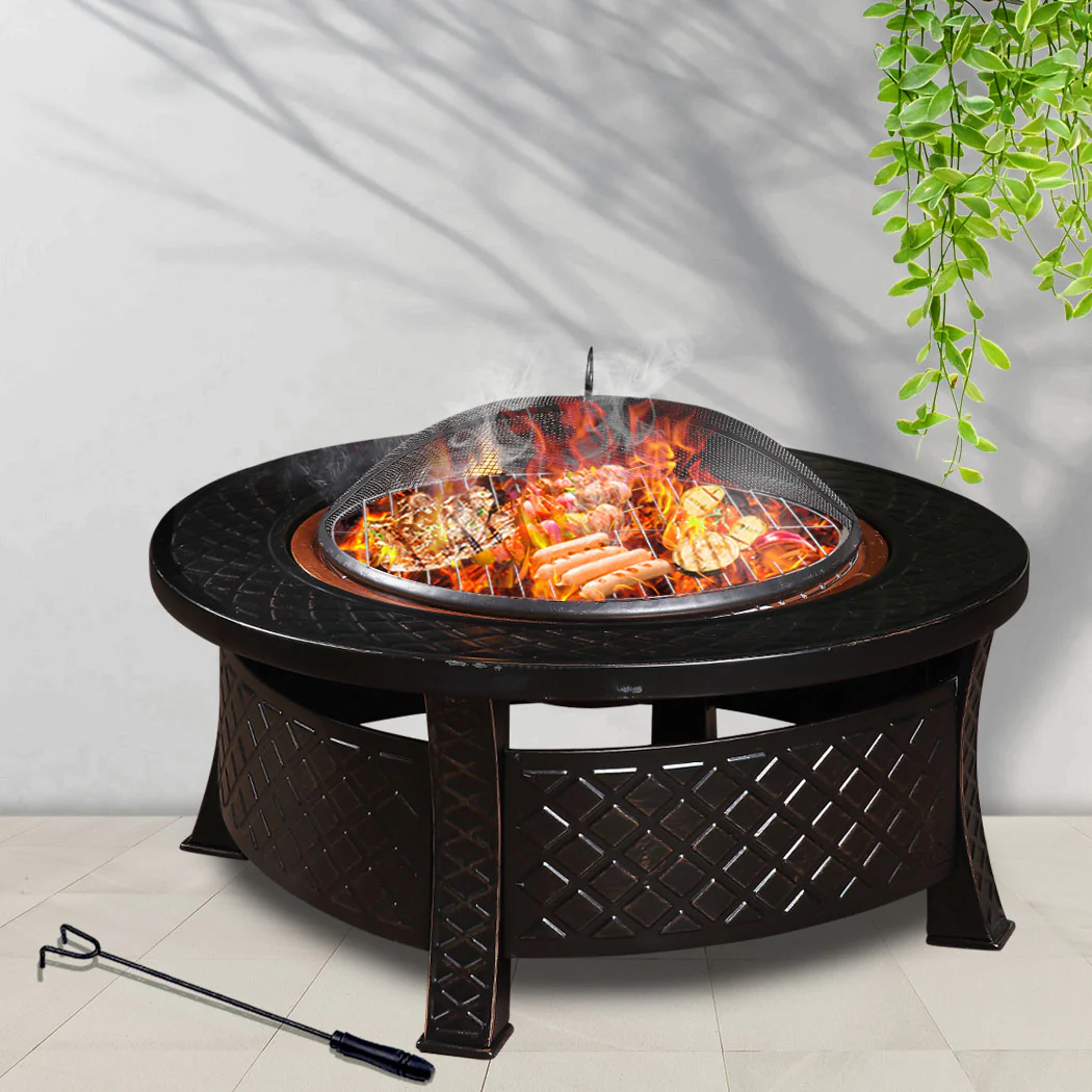 3 in 1 Outdoor Garden Fire Pit BBQ Firepit Brazier Round Stove Patio Heater - Nurns