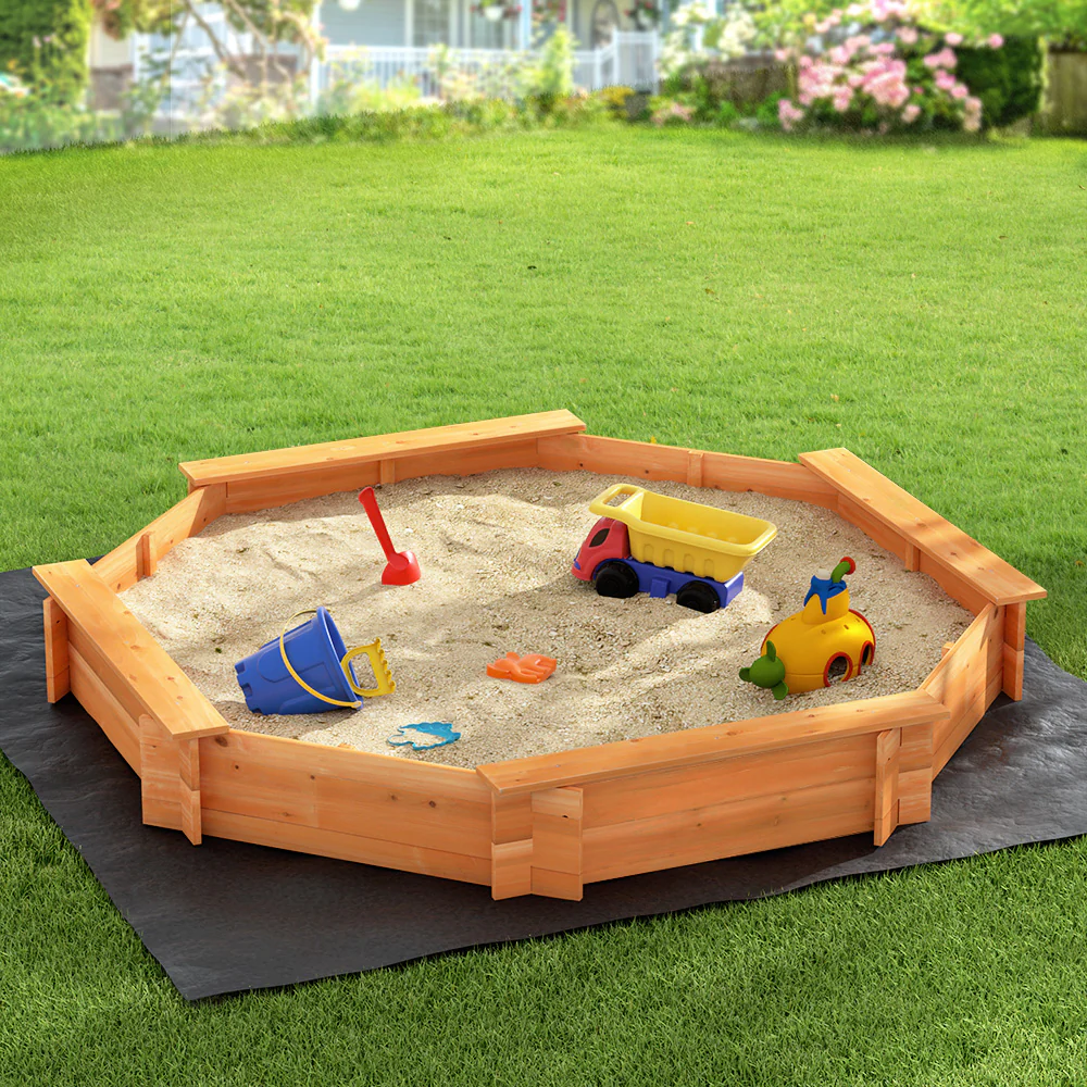 182cm Kids Sandpit Wooden Round Sand Pit with Cover Bench Seat Beach Toys - Nurns