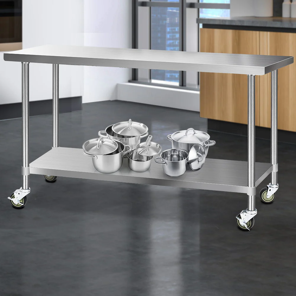 430 Stainless Steel Kitchen Benches Work Bench Food Prep Table with Wheels 1829Mmx610MM - Nurns
