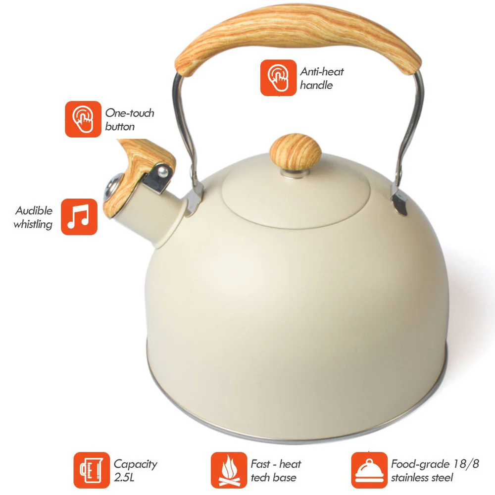 2.5 Liter Tea Whistling Kettle Stainless Steel Modern Whistling Tea Pot for Stovetop Cream - Nurns
