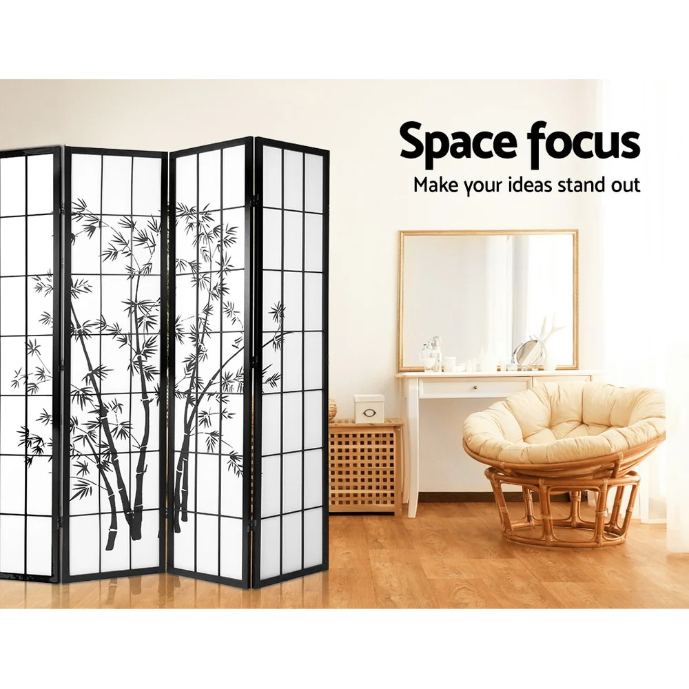 4 Panel Room Divider Screen 174x179cm Bamboo - Black & White - Nurns