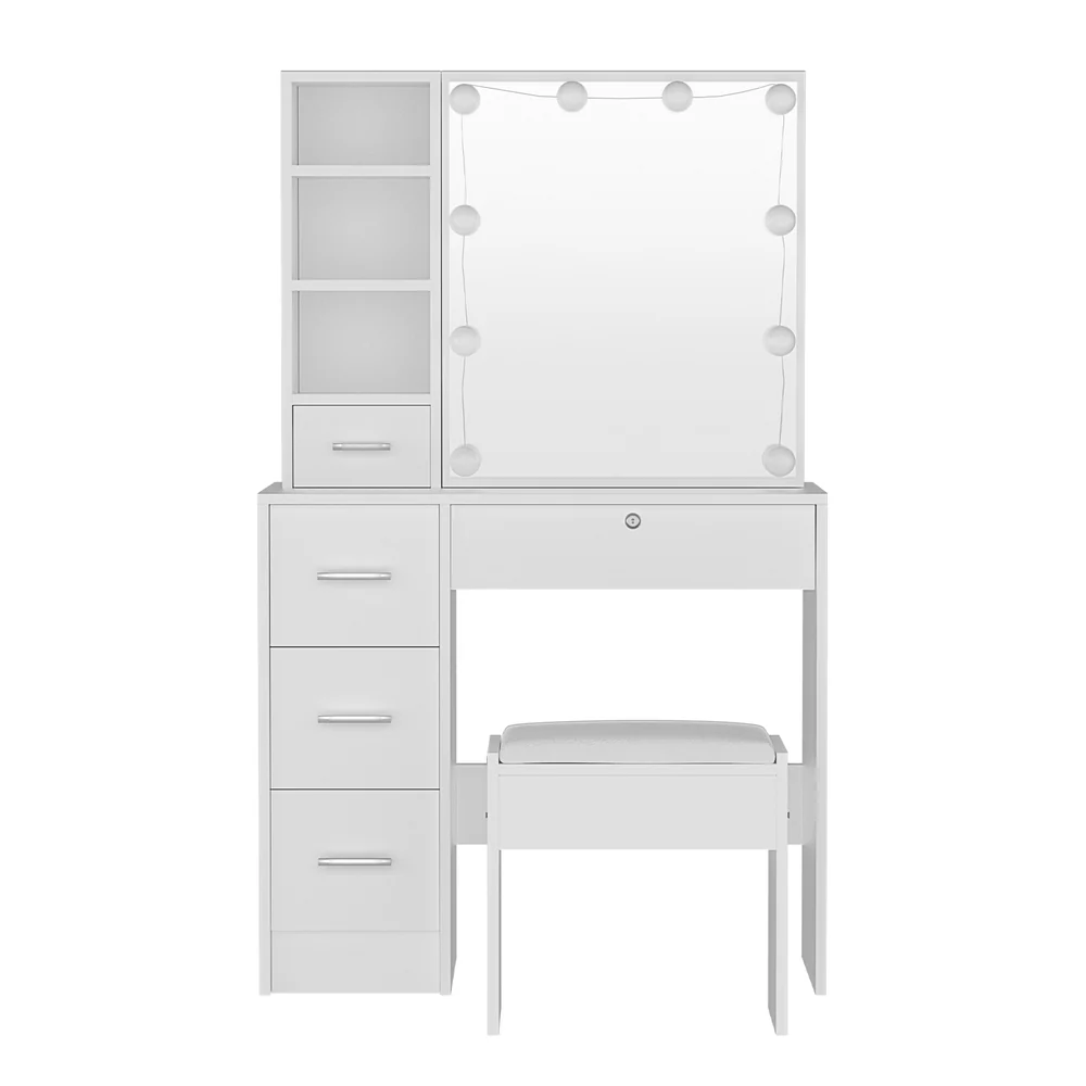 10 LED Bulbs Dressing Table Set Stool - White - Nurns