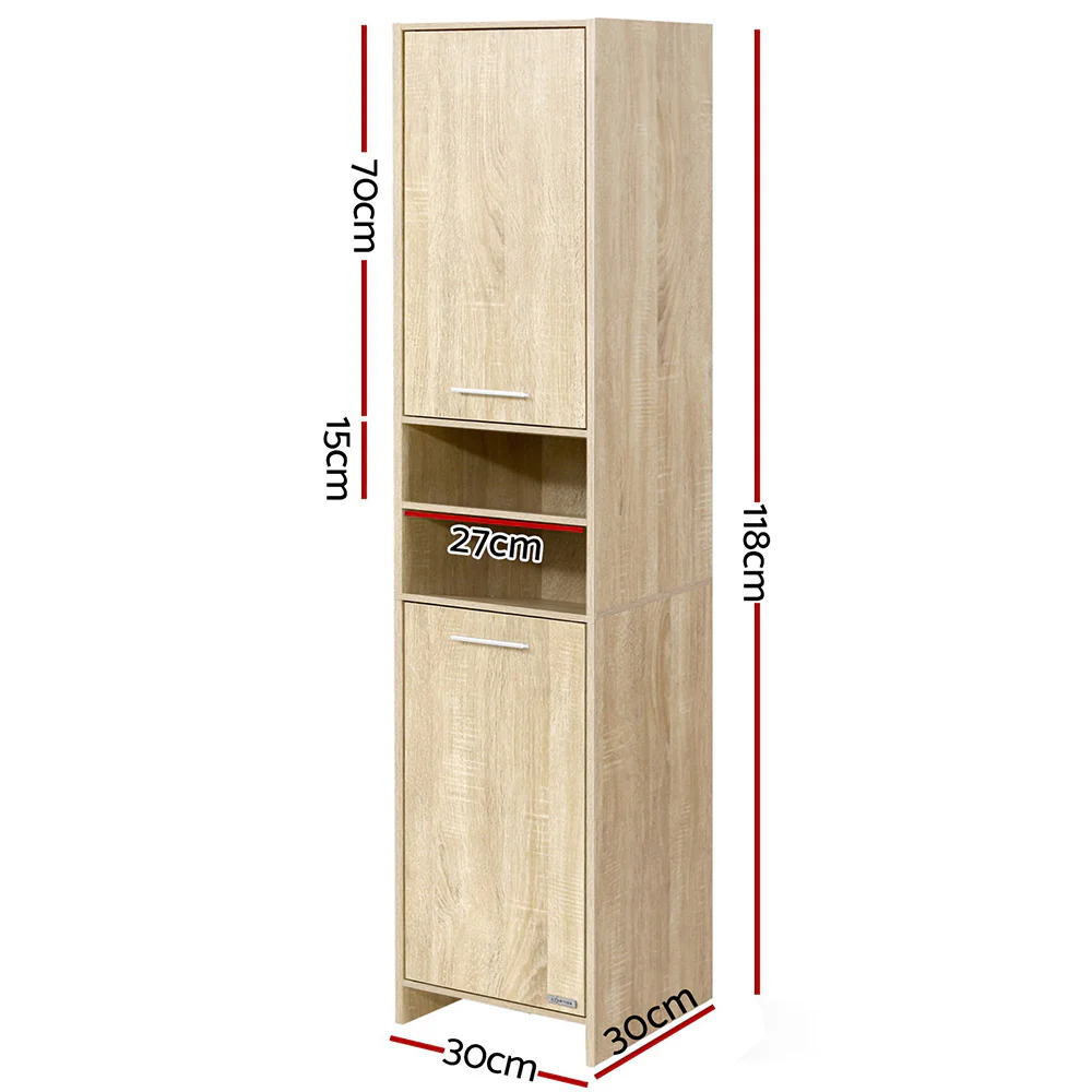 185cm Bathroom Cabinet Tallboy Furniture Toilet Storage Laundry Cupboard Oak - Nurns