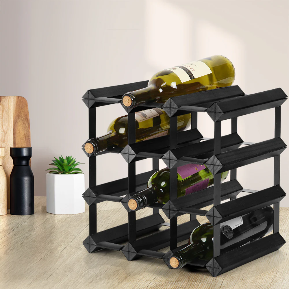 12 Bottle Timber Wine Rack Wooden Storage Wall Racks Holders Cellar - Black - Nurns