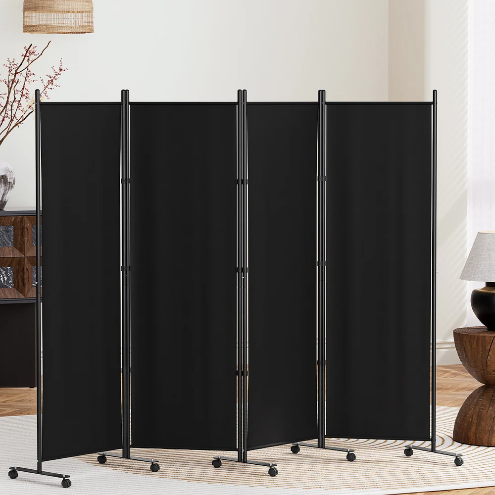 4 Panel Room Divider Screen 217cm Wheel Fabric - Black - Nurns