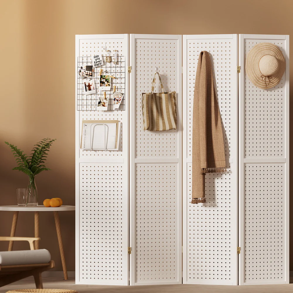 4 Panel Room Divider Screen 164x170cm Pegboard - White - Nurns