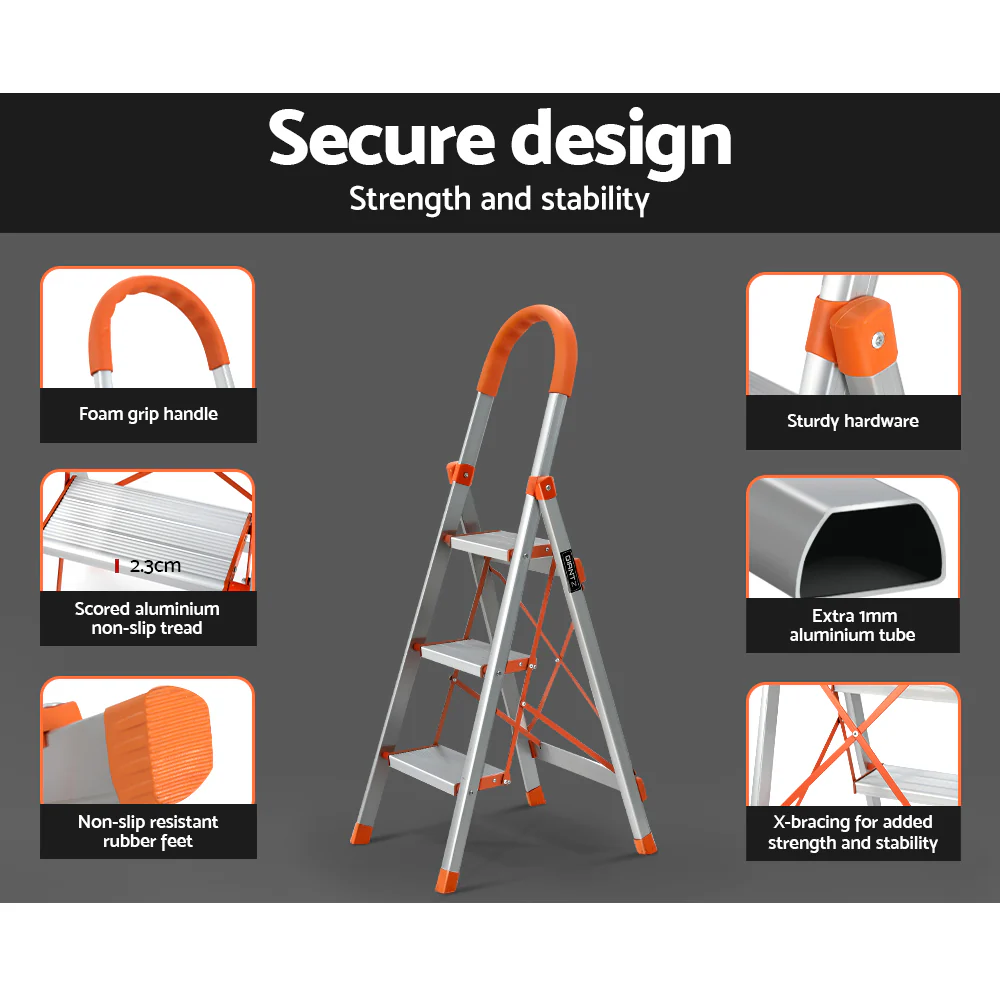 3 Step Ladder Multi-Purpose Folding Aluminium Light Weight Non Slip Platform - Nurns