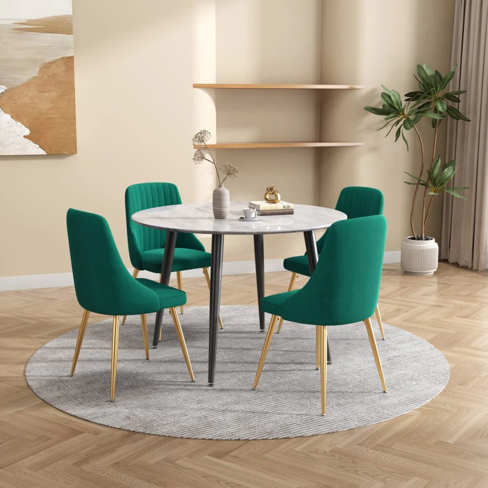 5-Piece Ermes Green Dining Table & Chair Set Velvet Bistro - Nurns