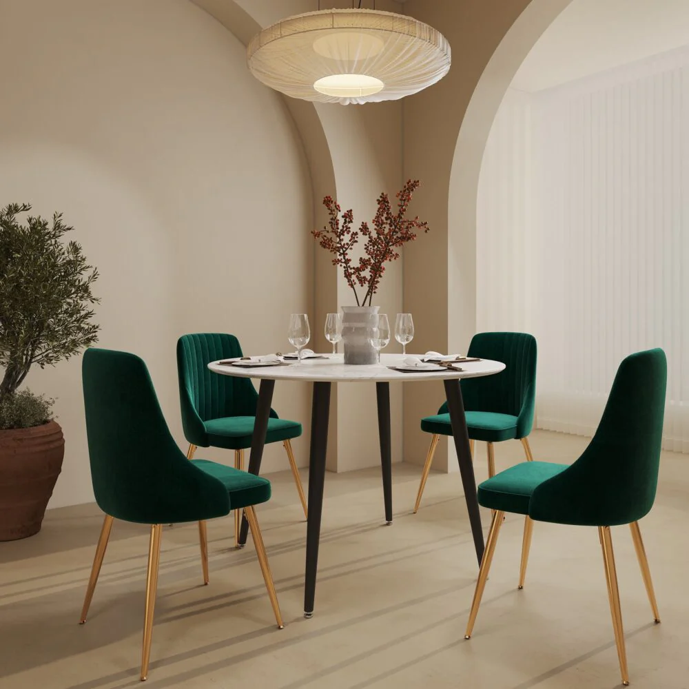 5-Piece Ermes Green Dining Table & Chair Set Velvet Bistro - Nurns