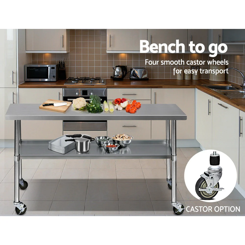 430 Stainless Steel Kitchen Benches Work Bench Food Prep Table with Wheels 1829Mmx610MM - Nurns