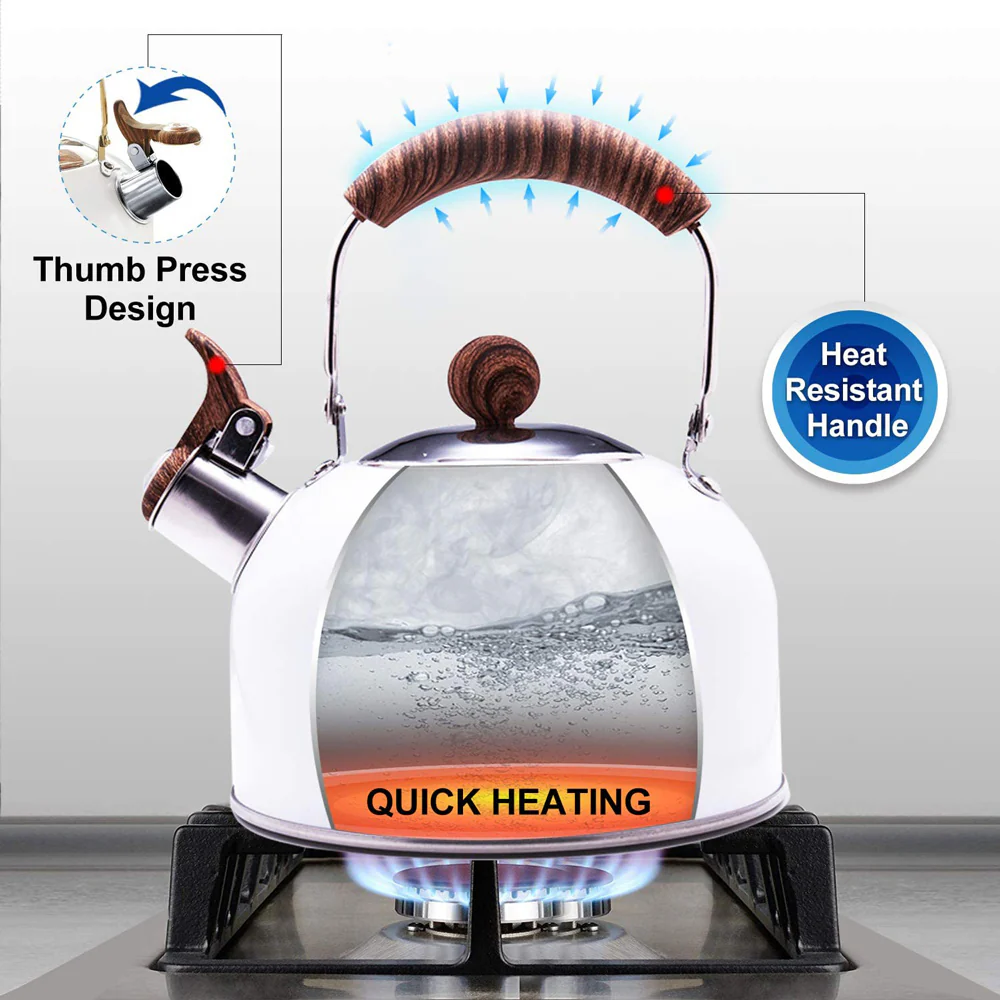 2.5 Liter Tea Whistling Kettle Stainless Steel Modern Whistling Tea Pot for Stovetop White - Nurns