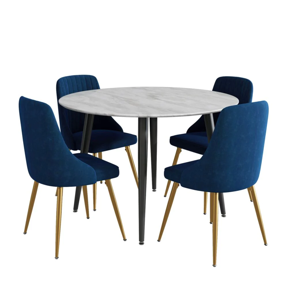 5-Piece Ermes Blue Dining Table & Chair Set Velvet Bistro - Nurns