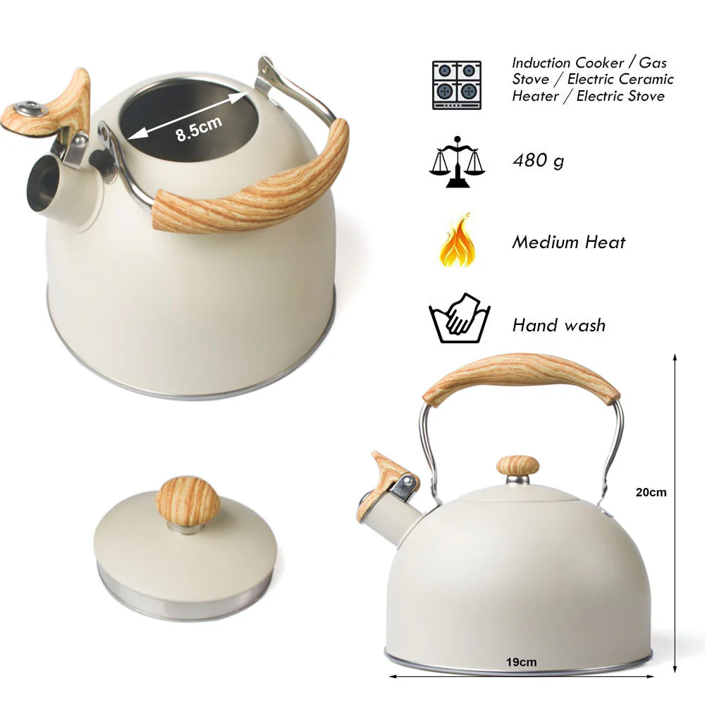 2.5 Liter Tea Whistling Kettle Stainless Steel Modern Whistling Tea Pot for Stovetop Cream - Nurns