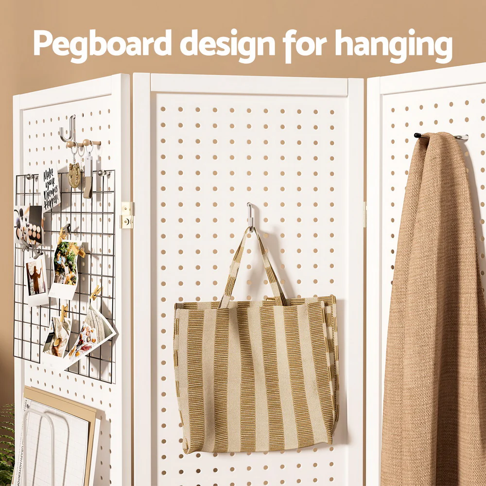 4 Panel Room Divider Screen 164x170cm Pegboard - White - Nurns
