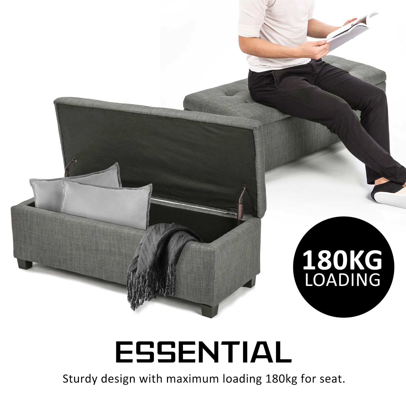 102cm Storage Ottoman Stool Fabric - Dark Grey - Nurns