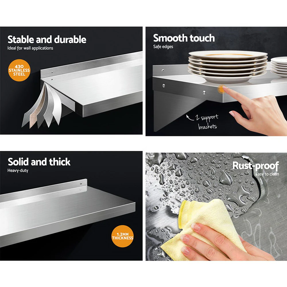 1800mm Stainless Steel Wall Shelf Kitchen Shelves Rack Mounted Display Shelving - Nurns