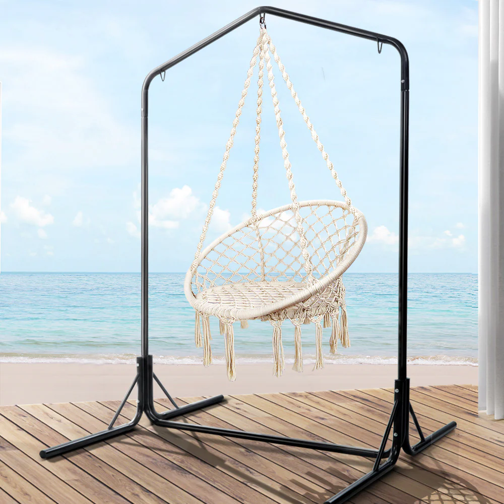 124cm Outdoor Hammock Chair with Stand Cotton Swing Relax Hanging - Cream - Nurns