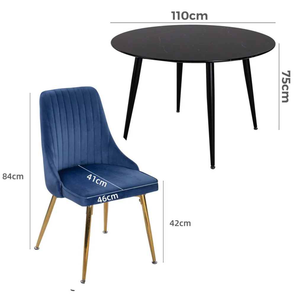 5-Piece Ermes Blue Dining Table & Chair Set Velvet Bistro - Nurns