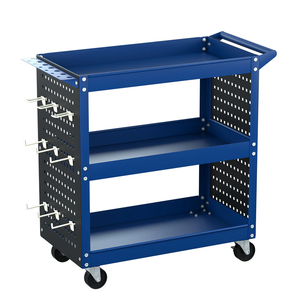 3-Tier Tool Cart Storage Trolley Workshop Garage Pegboard Hooks Blue - Nurns