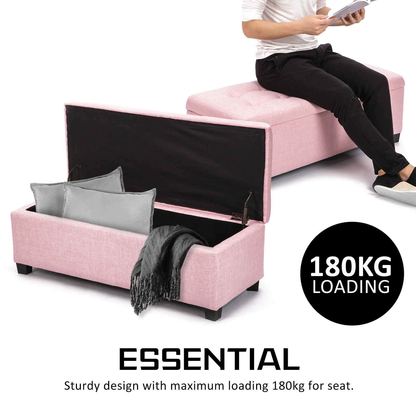 102cm Storage Ottoman Stool Fabric - Pink - Nurns
