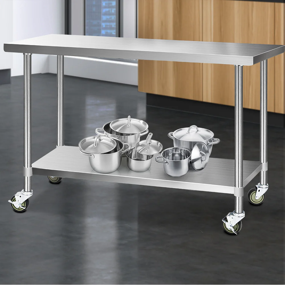 304 Stainless Steel Kitchen Benches Work Bench Food Prep Table with Wheels 1524Mmx610MM - Nurns