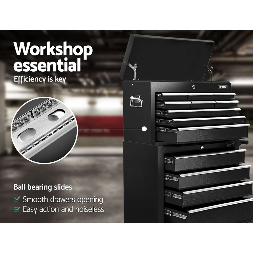 14 Drawers Toolbox Chest Cabinet Mechanic Trolley Garage Tool Storage Box - Black - Nurns