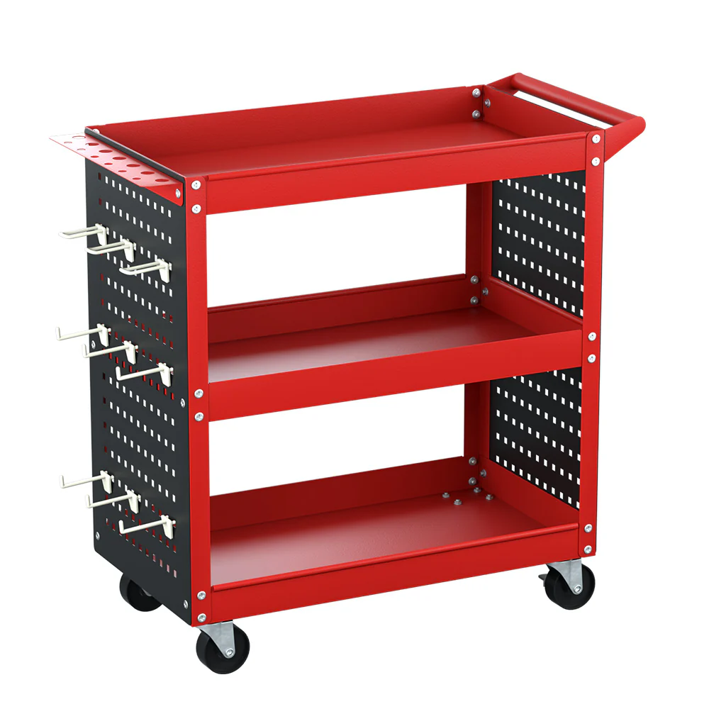 3-Tier Tool Cart Storage Trolley Workshop Garage Pegboard Hooks - Red - Nurns