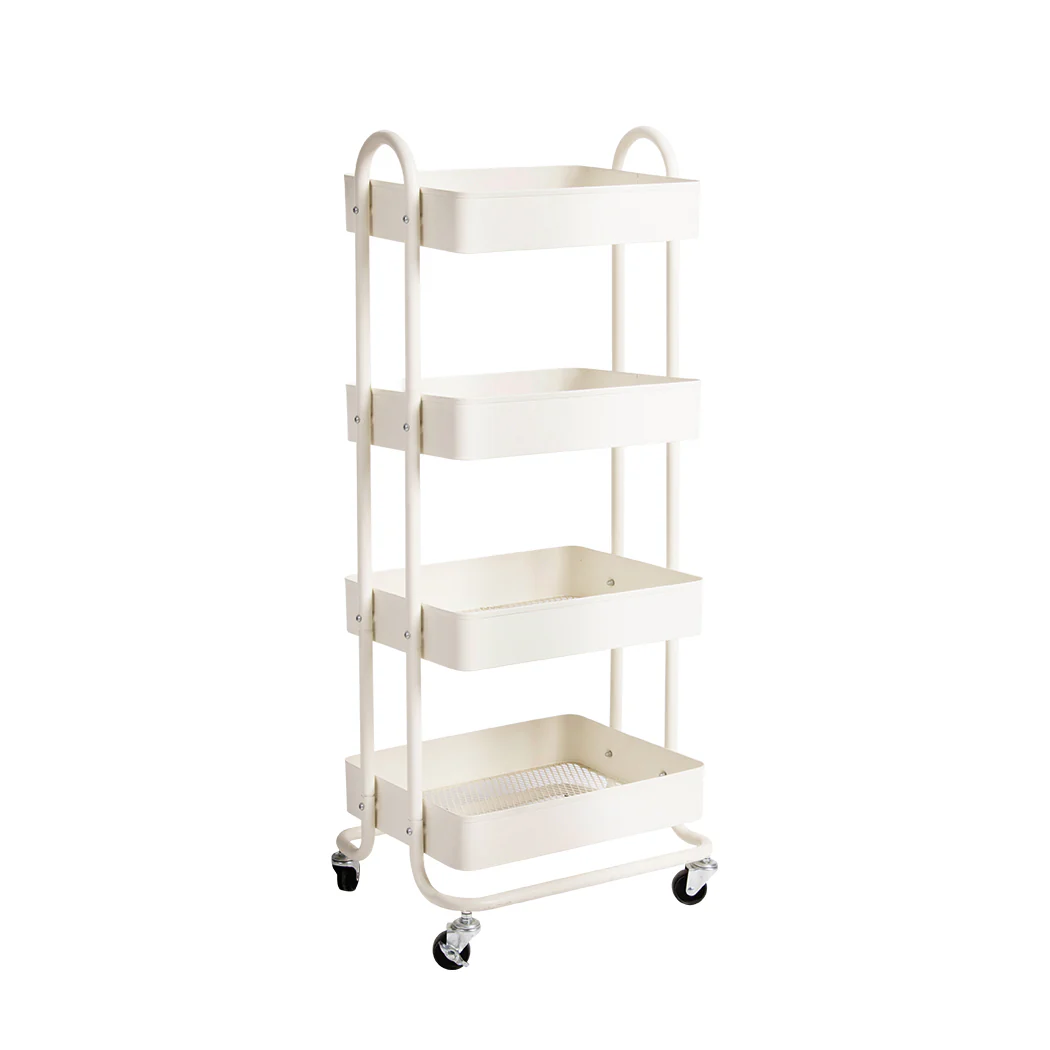 4 Tiers Kitchen Trolley Cart Steel Storage Rack Shelf Organiser White - Nurns