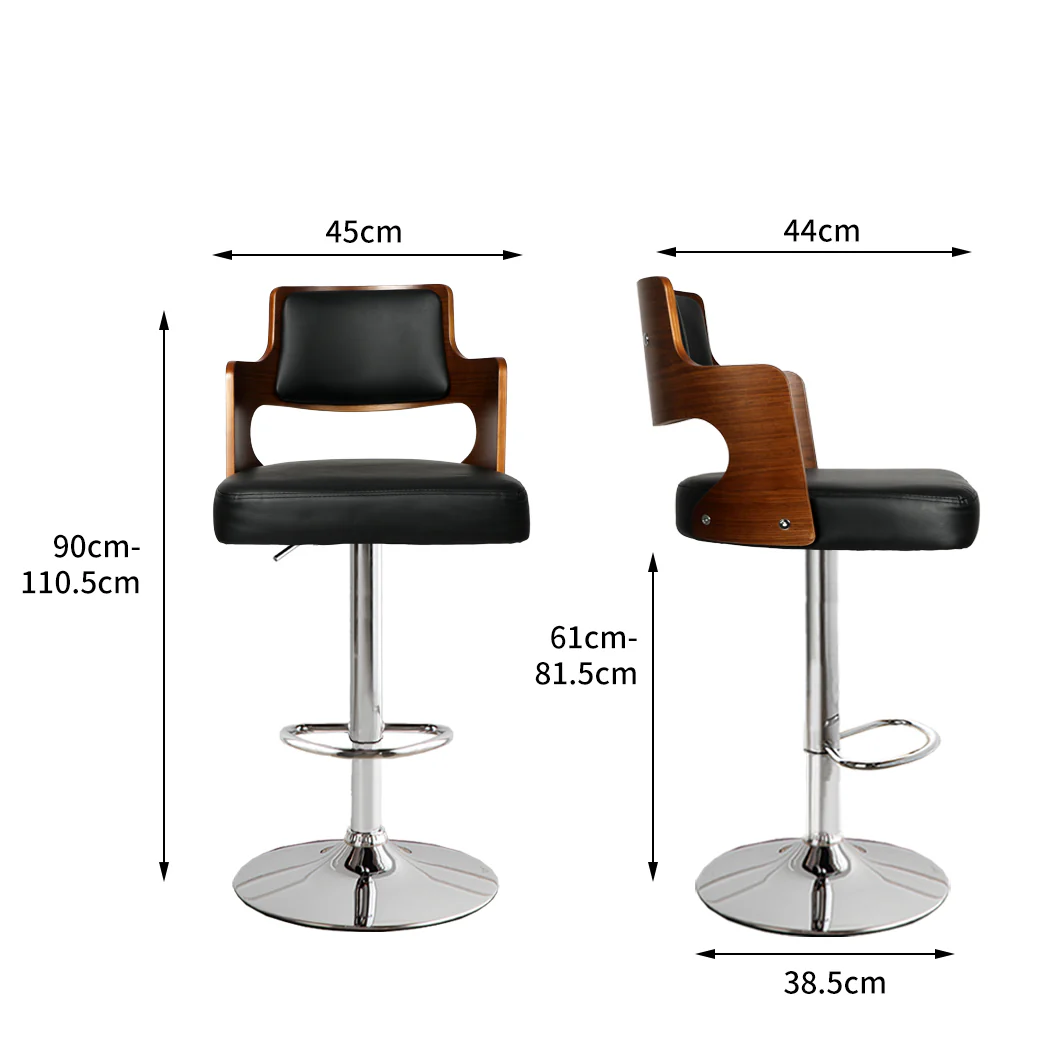 110.5cm Palermo Kitchen Bar Stools Gas Lift Wooden Beech Stool Metal Barstools - Black & Silver - Nurns