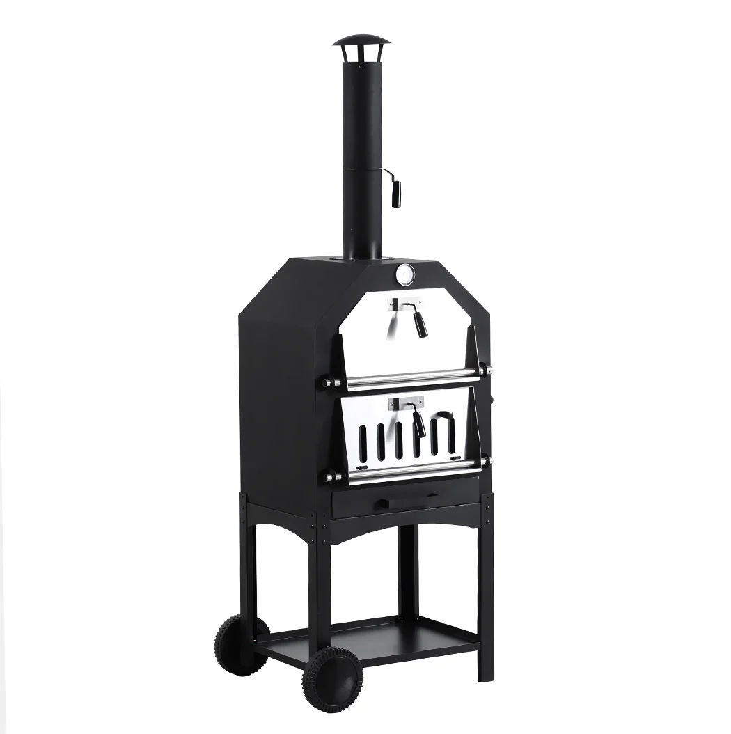 3 in 1 Charcoal BBQ Grill Steel Pizza Oven Smoker Outdoor Portable Barbecue Camp - Nurns
