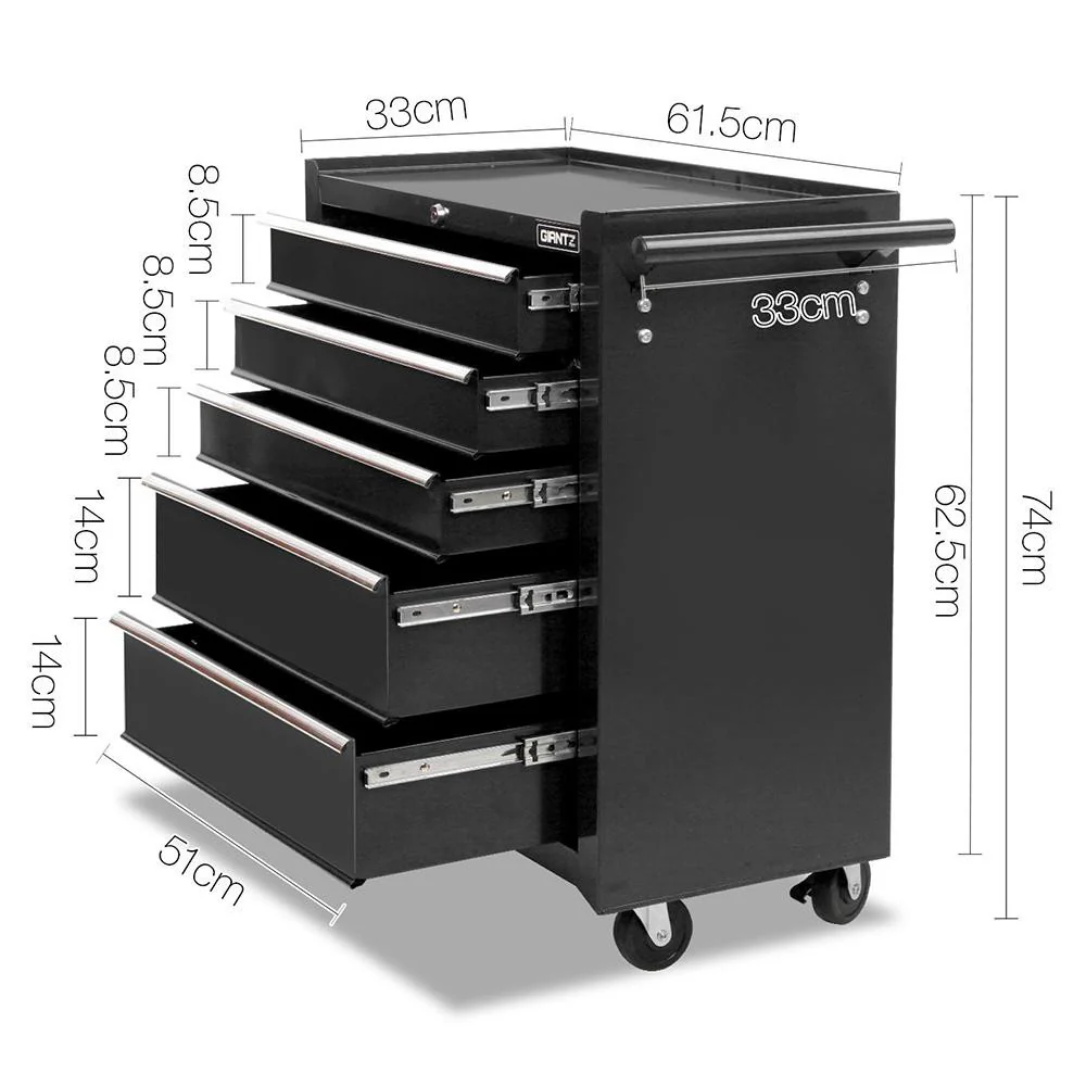 5 Drawer Mechanic Tool Box Cabinet Storage Trolley - Black - Nurns
