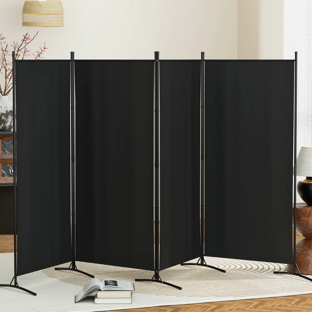 4 Panel Room Divider Screen 345x180cm Fabric - Black - Nurns
