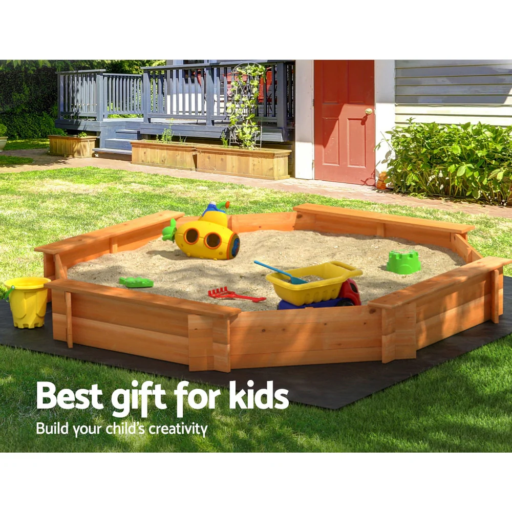 182cm Kids Sandpit Wooden Round Sand Pit with Cover Bench Seat Beach Toys - Nurns