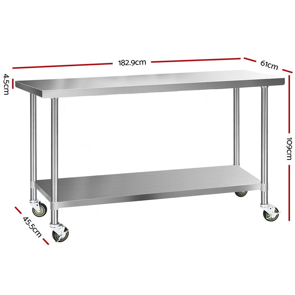 430 Stainless Steel Kitchen Benches Work Bench Food Prep Table with Wheels 1829Mmx610MM - Nurns