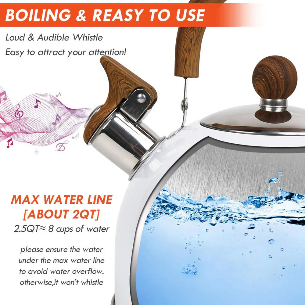 2.5 Liter Tea Whistling Kettle Stainless Steel Modern Whistling Tea Pot for Stovetop White - Nurns