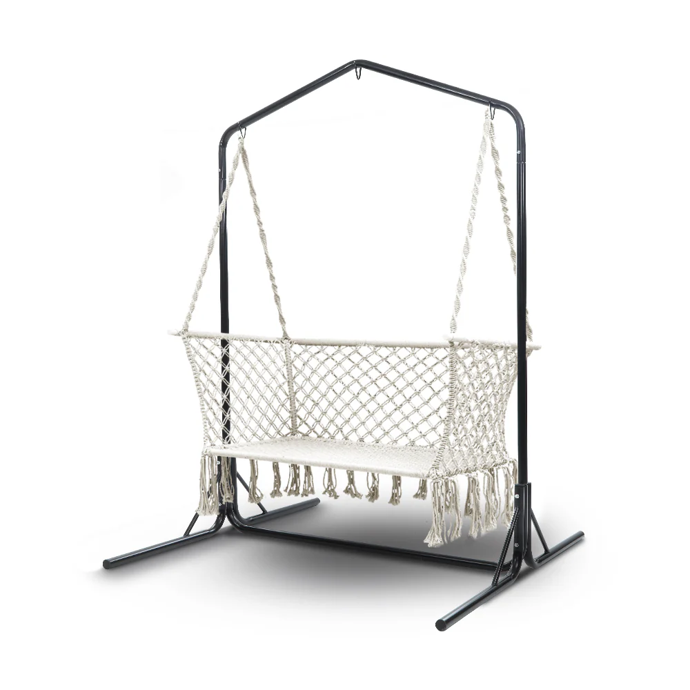 2-Seater Hammock Chair with Stand Macrame Outdoor Garden - Cream - Nurns