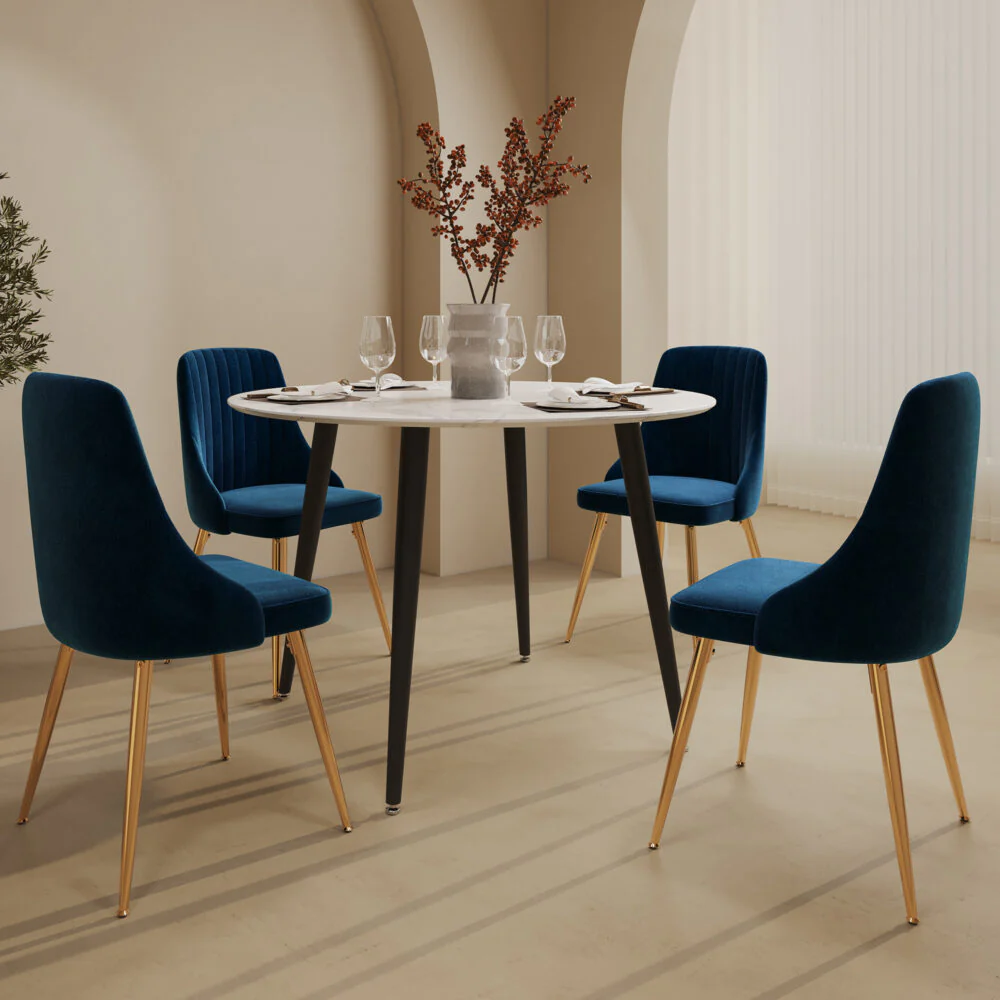 5-Piece Ermes Blue Dining Table & Chair Set Velvet Bistro - Nurns