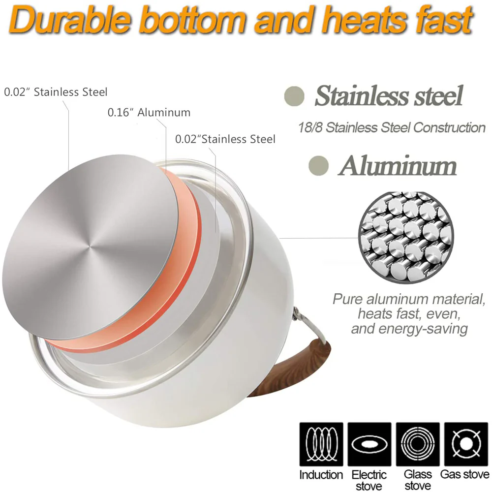 2.5 Liter Tea Whistling Kettle Stainless Steel Modern Whistling Tea Pot for Stovetop White - Nurns