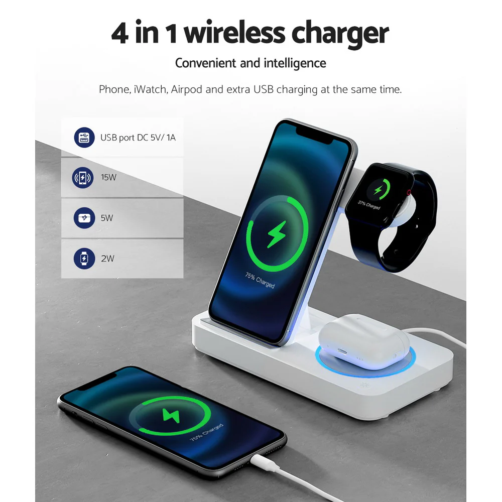 4-in-1 Wireless Charger Dock Fast Charging for Phone White - Nurns