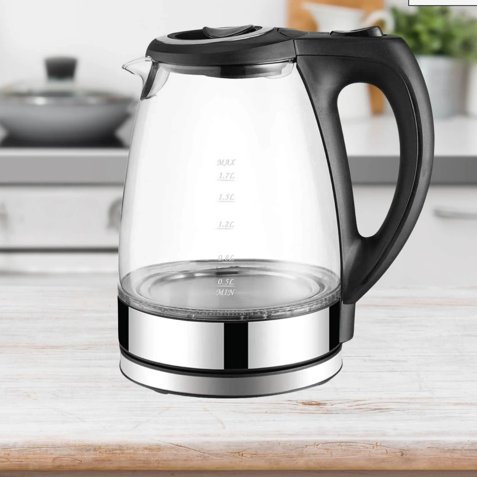 1.7L Electric Glass Kettle LED Blue Light 360 Automatic Cordless Water Boiling Jug - Nurns