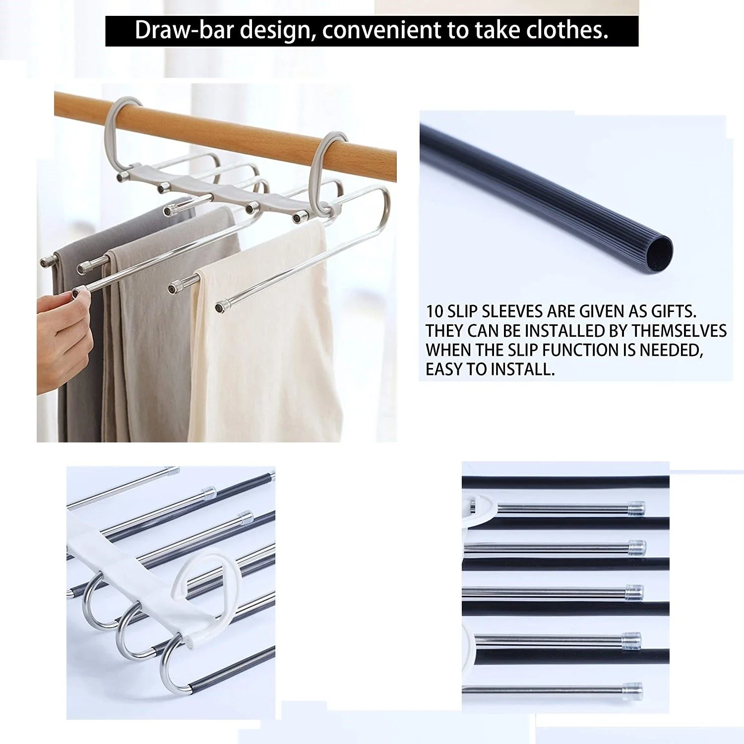 2 Pack Adjustable Multi-Layer 5 in 1 Pants Hanger for Wardrobe and Home Storage - White - Nurns