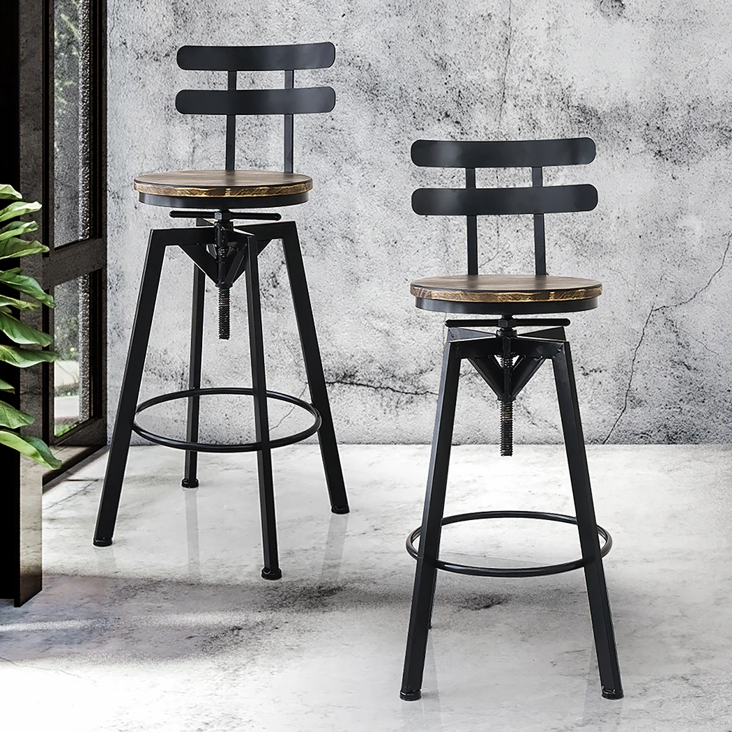 110cm Helsinki Industrial Adjustable Swivel Bar Stools with Back Wood Counter Chairs - Brown - Nurns