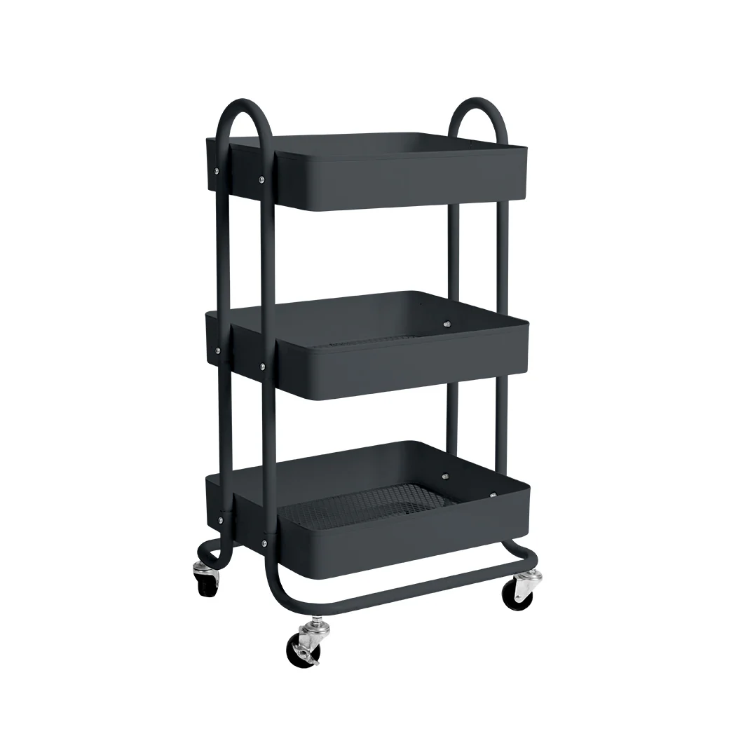 3 Tiers Kitchen Trolley Cart Steel Storage Rack Shelf Organiser Wheels Grey - Nurns