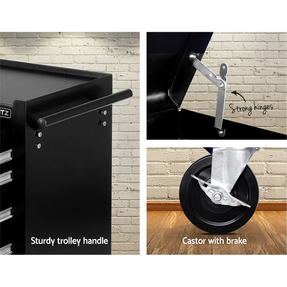 14 Drawers Toolbox Chest Cabinet Mechanic Trolley Garage Tool Storage Box - Black - Nurns